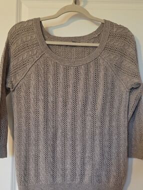 American Eagle Outfitters Light Taupe Open-Stitch Crewneck Sweater
